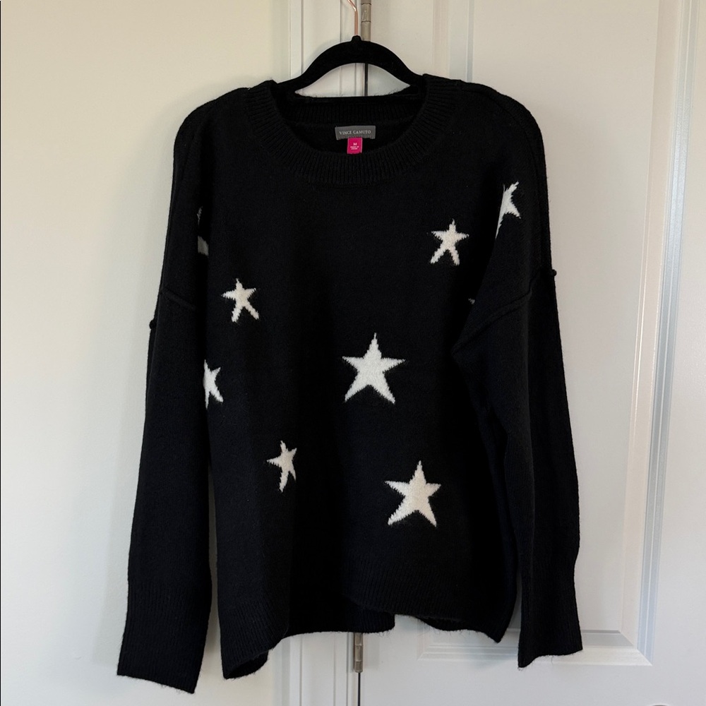Vince Camuto Black Crewneck Sweater with White Star Motif